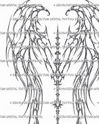 Cybersigilism angel wings back tattoo stencil design template with mirrored cyber wing lines and central spine detail