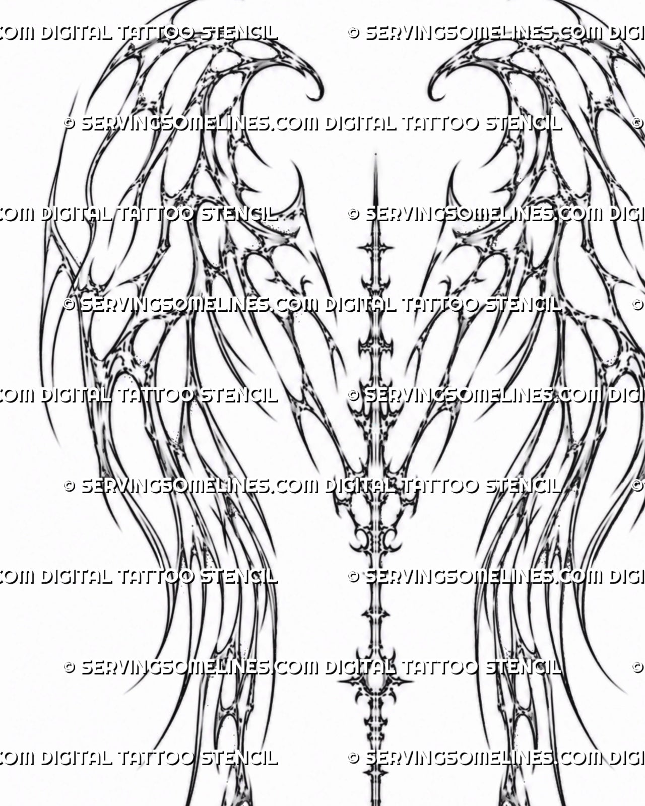 Cybersigilism angel wings back tattoo stencil design template with mirrored cyber wing lines and central spine detail