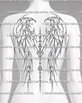 Cybersigilism angel wings back tattoo stencil shown on a feminine back preview with mirrored cyber wing lines