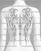 Cybersigilism angel wings back tattoo stencil shown on a feminine back preview with mirrored cyber wing lines