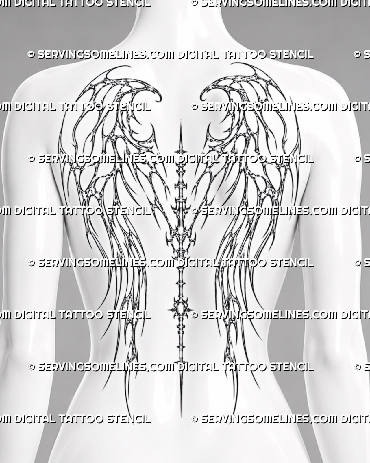 Cybersigilism angel wings back tattoo stencil shown on a feminine back preview with mirrored cyber wing lines