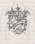 Full cybersigilism Pegasus angel wings tattoo across man’s upper back, gothic fantasy backpiece with ornamental cyber linework.