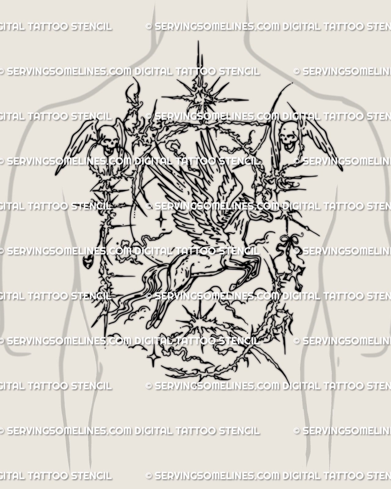 Full cybersigilism Pegasus angel wings tattoo across man’s upper back, gothic fantasy backpiece with ornamental cyber linework.