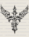 Cybersigilism angel wings cross tattoo stencil design, centered cross with spread wings and printable PNG JPG PDF files.