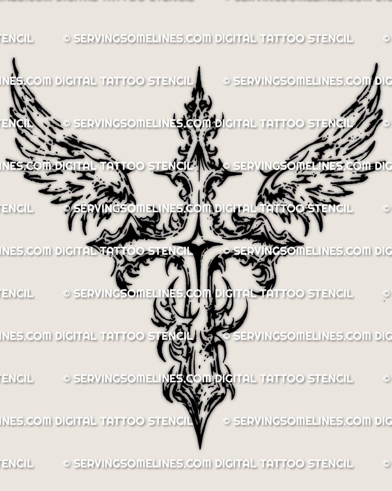 Cybersigilism angel wings cross tattoo stencil design, centered cross with spread wings and printable PNG JPG PDF files.