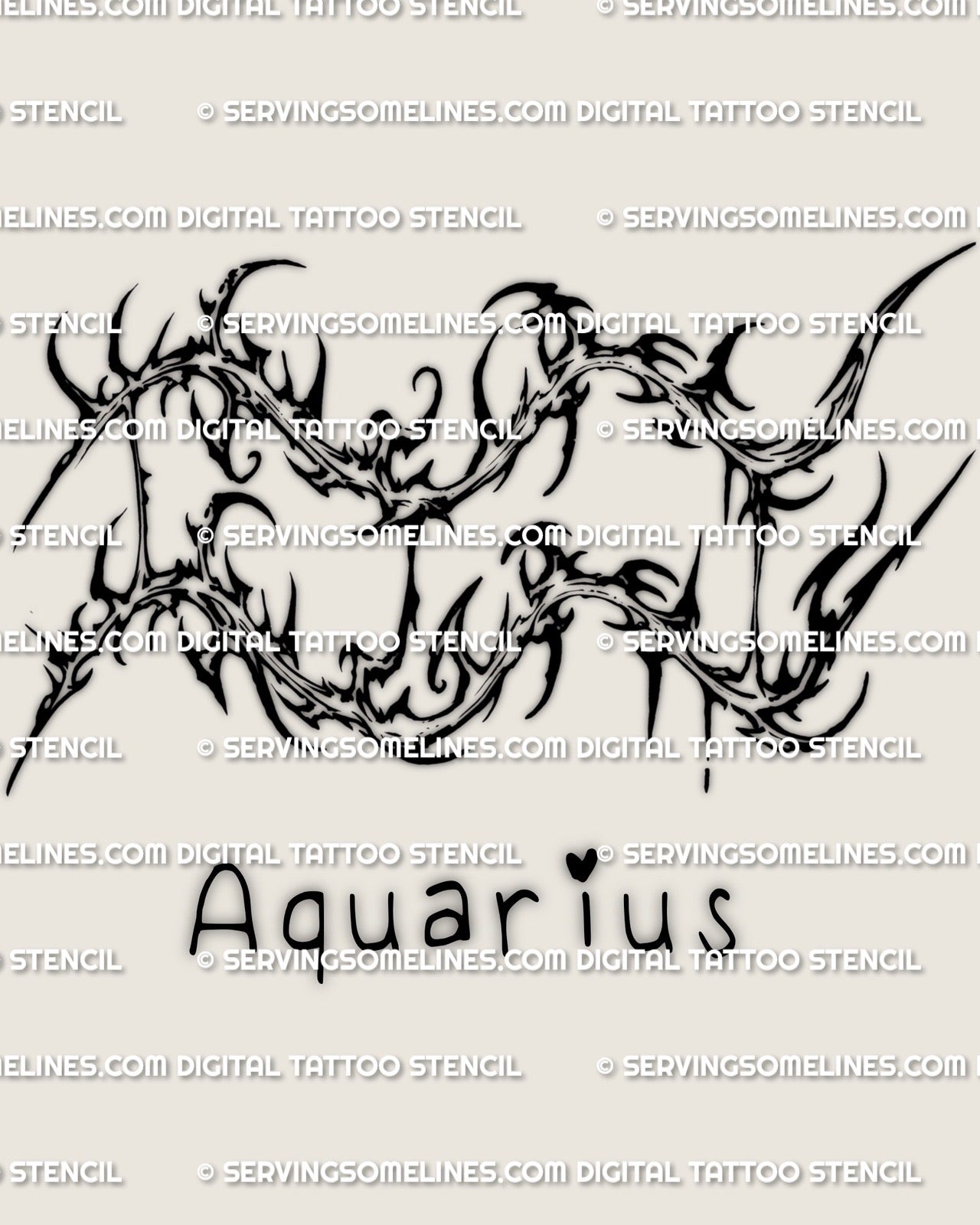 Cybersigilism Aquarius tattoo stencil with Aquarius glyph zodiac symbol, digital download for stencil transfer