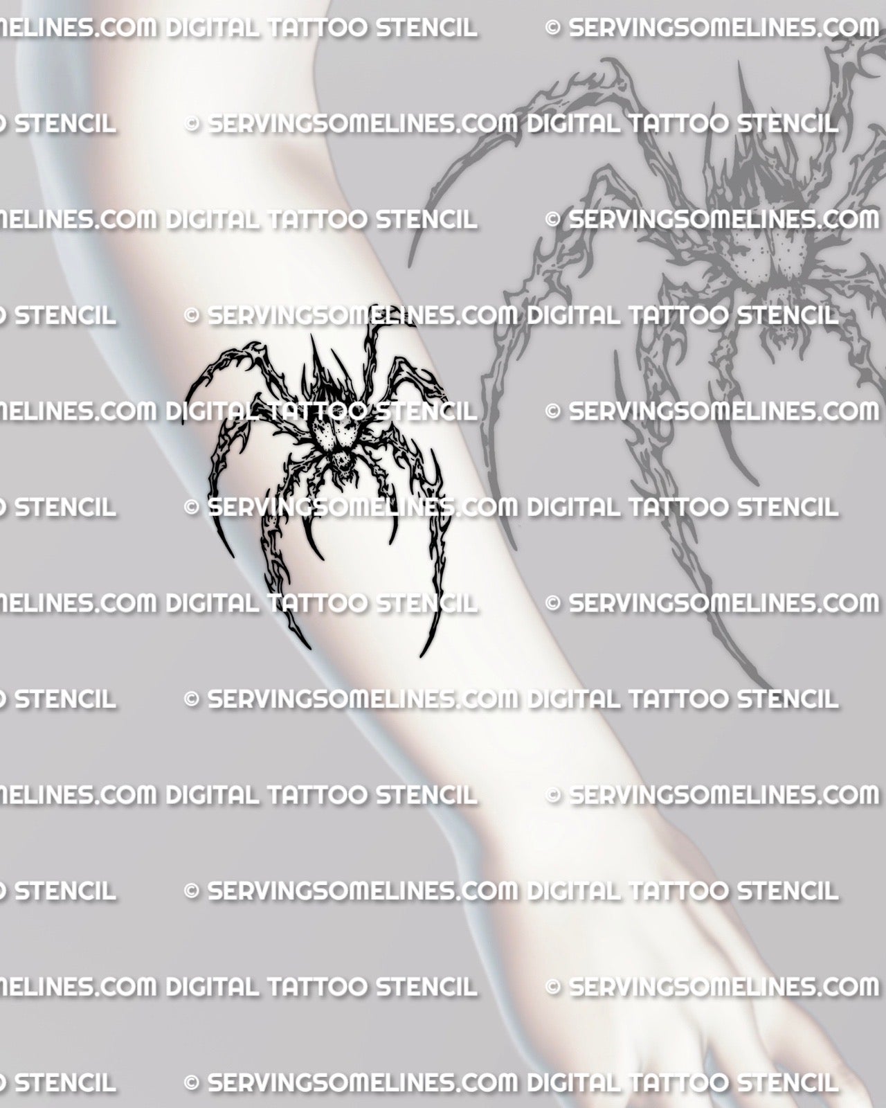 Cybersigilism arachnid stencil displayed on forearm placement example, sharp spider design, high res printable files