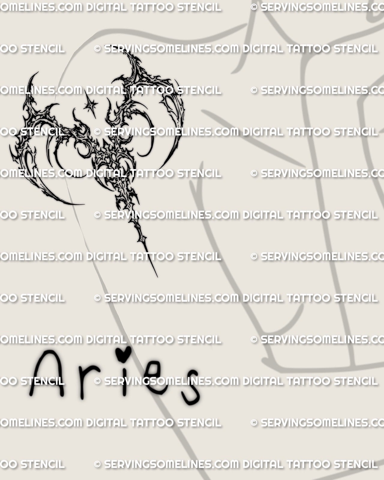Cybersigilism Aries stencil shown on women’s arm placement preview, crisp tattoo file download for printing