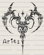 Cybersigilism Aries tattoo stencil download, spiked horn glyph design, clean outline for stencil transfer