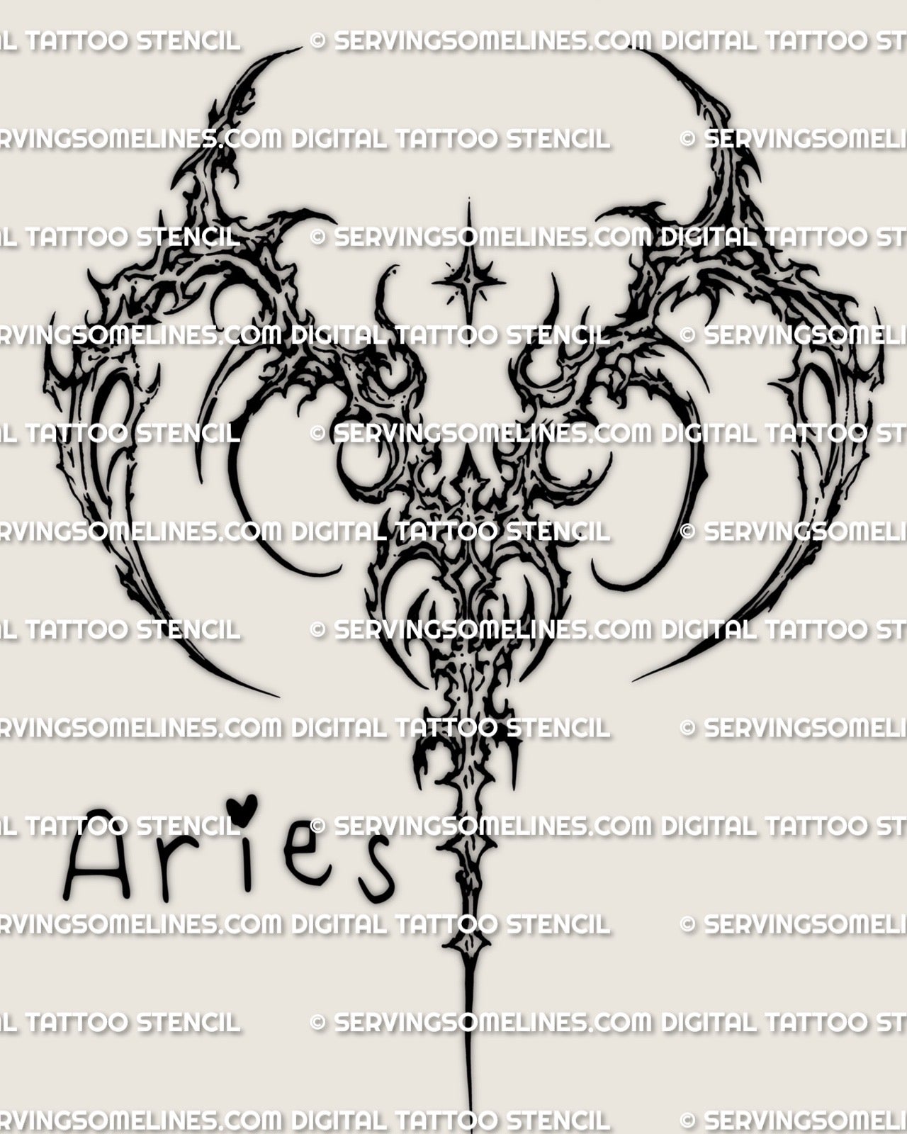 Cybersigilism Aries tattoo stencil download, spiked horn glyph design, clean outline for stencil transfer