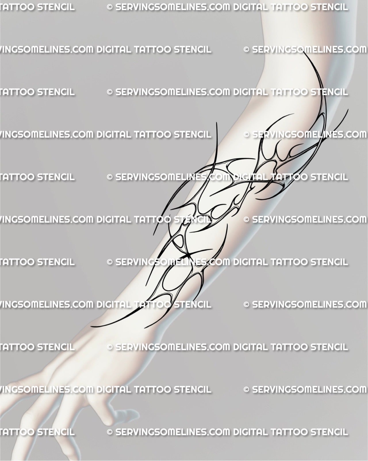 Cybersigilism neotribal tattoo stencil displayed on forearm half-sleeve, futuristic tribal blackwork line art wrapping around the arm.