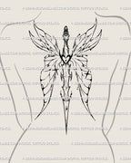 Cybersigilism back tattoo design with butterfly sword and cyber-tribal blade, shown along the upper spine as a protective symbol.