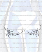 cybersigilism back of thigh tattoo shown on both legs with mirrored hearts and spikes, digital stencil preview made for clean feminine leg placement