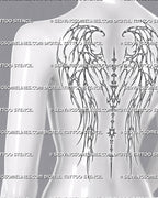 Cybersigilism back tattoo stencil side view on female back with spiked angel wing shape and vertical spine detail