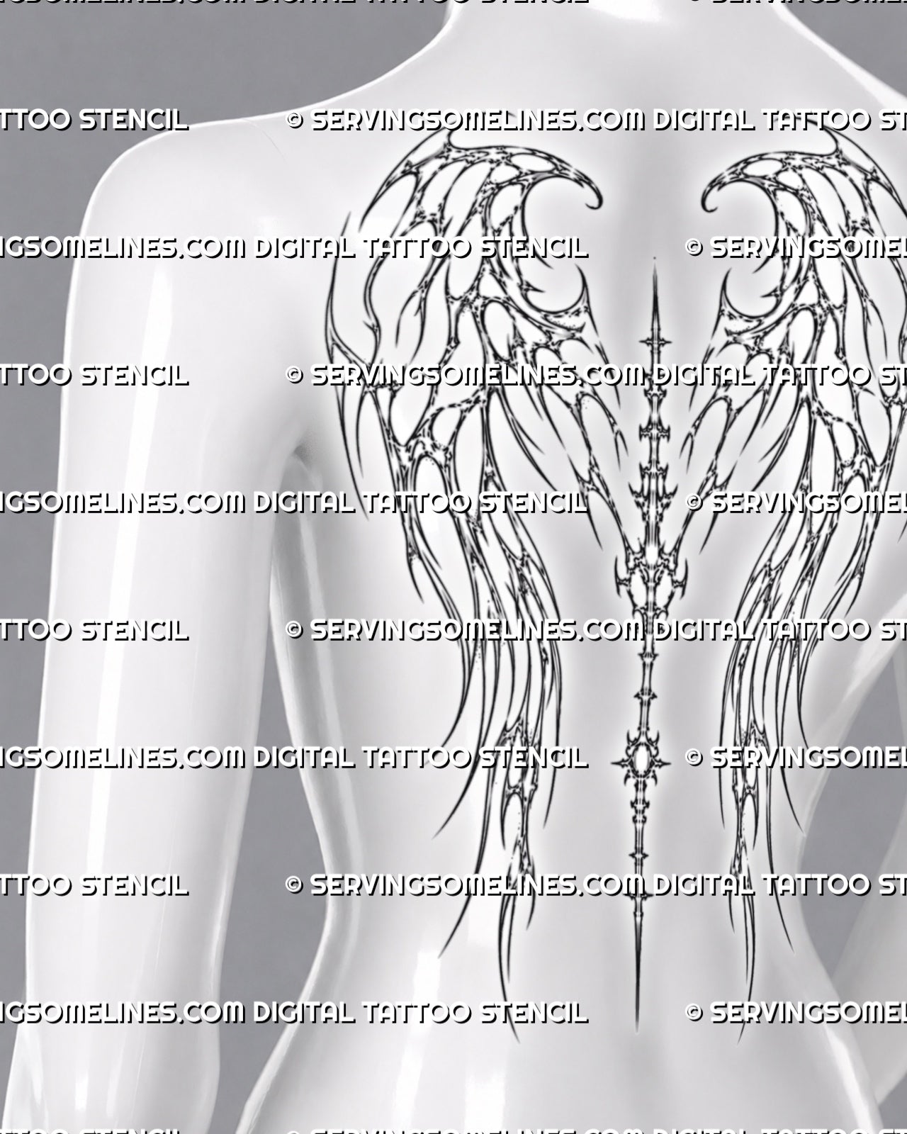 Cybersigilism back tattoo stencil side view on female back with spiked angel wing shape and vertical spine detail
