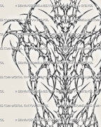 Cybersigilism backpiece tattoo stencil design with sharp neotribal linework, full back shape, and long spine structure