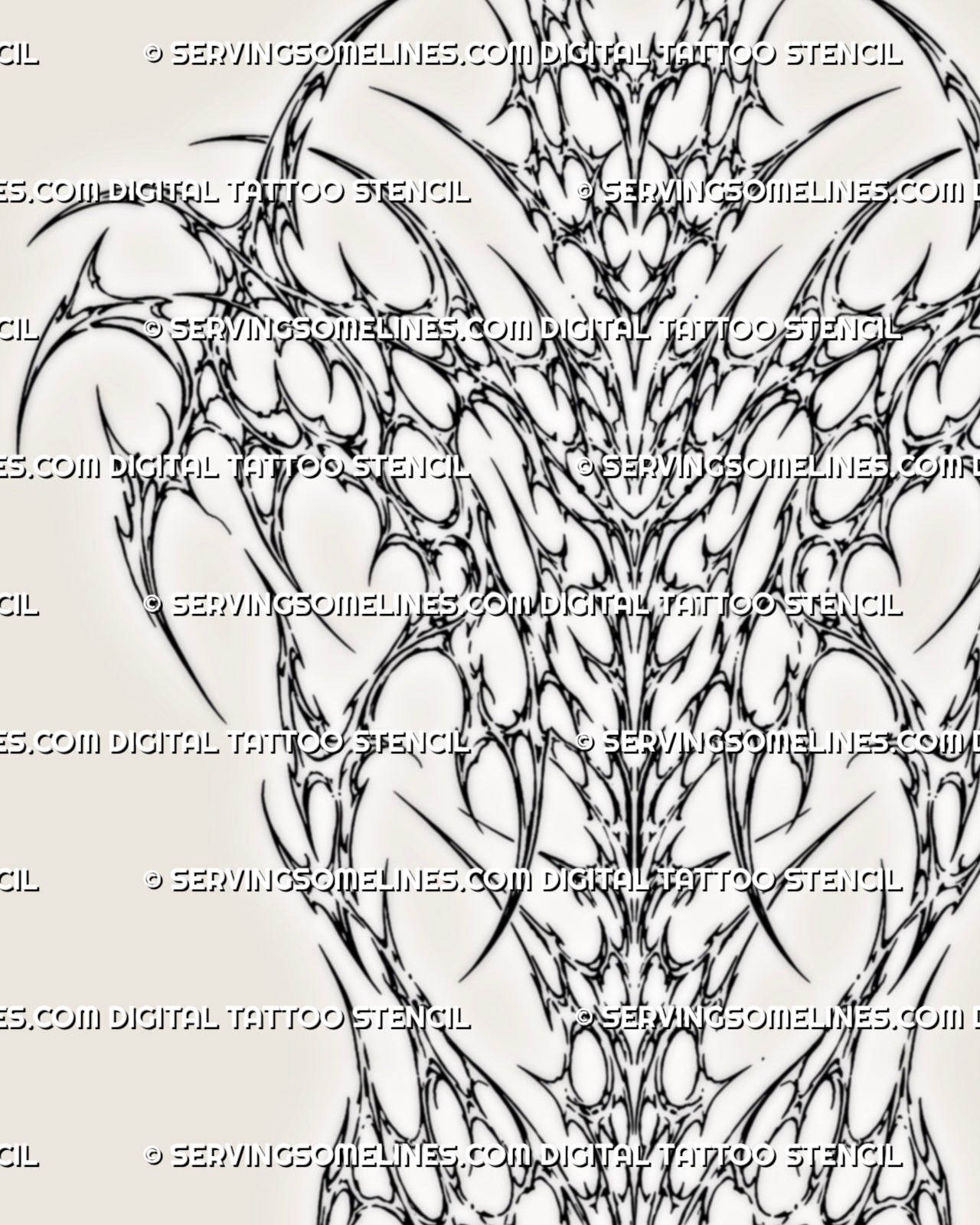 Cybersigilism backpiece tattoo stencil design with sharp neotribal linework, full back shape, and long spine structure