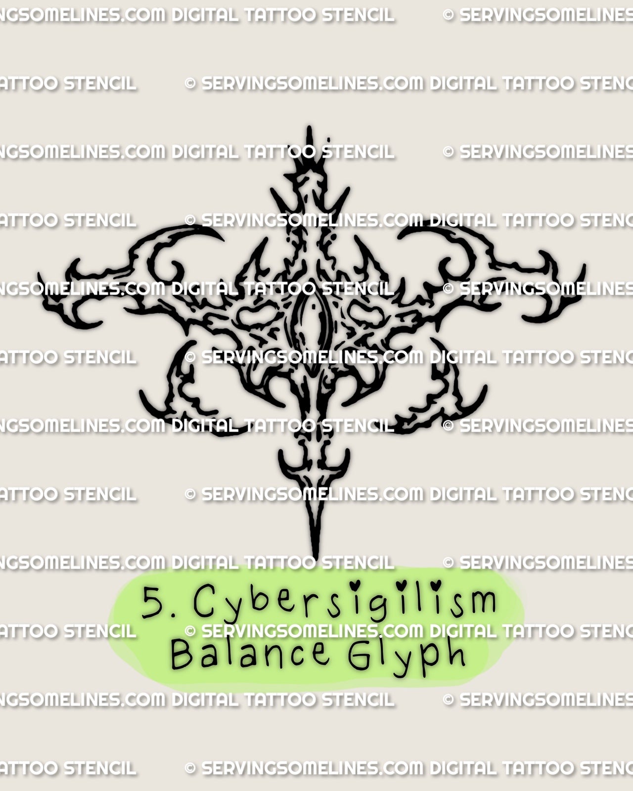 Balance glyph tattoo stencil in cybersigilism style with a centered mirrored symbolic layout