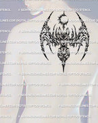 Cybersigilism bat stencil displayed on mens upper back placement preview, wide shape, high res download.