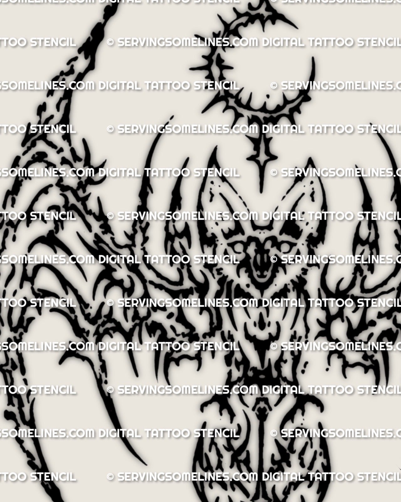 Cybersigilism bat tattoo stencil design, bold bat wings with cyber sigil linework, digital download files PNG JPG PDF.