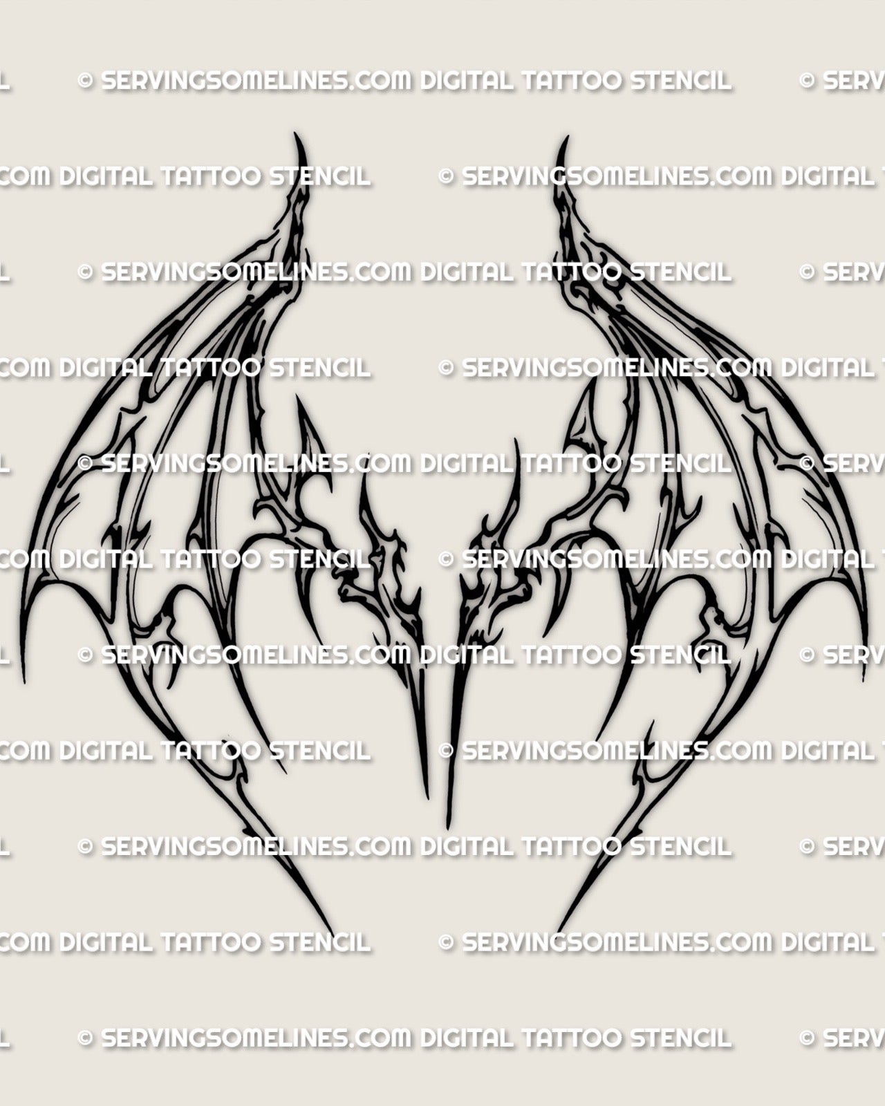 Cybersigilism bat wings tattoo stencil design, wide wing-span digital download, PNG JPG PDF files for clean stencil print