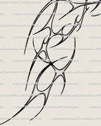 Close-up of cybersigilism tattoo linework, detailed neotribal spikes and blackwork ornament pattern showing precise sleeve outline.