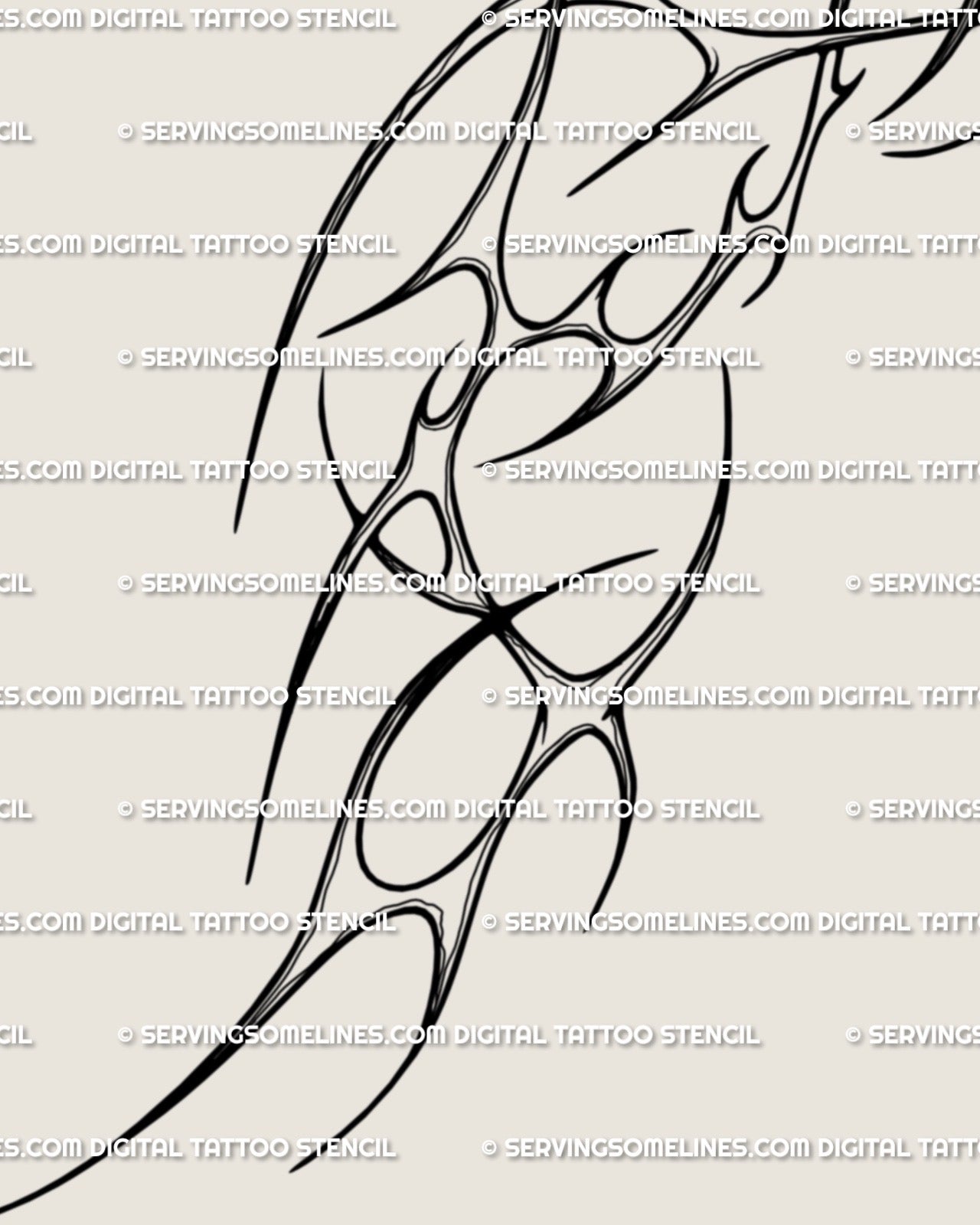 Close-up of cybersigilism tattoo linework, detailed neotribal spikes and blackwork ornament pattern showing precise sleeve outline.