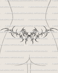 Cybersigilism bow lower back tattoo stencil shown on female waist mockup with ribbon center and pointed cyber frame
