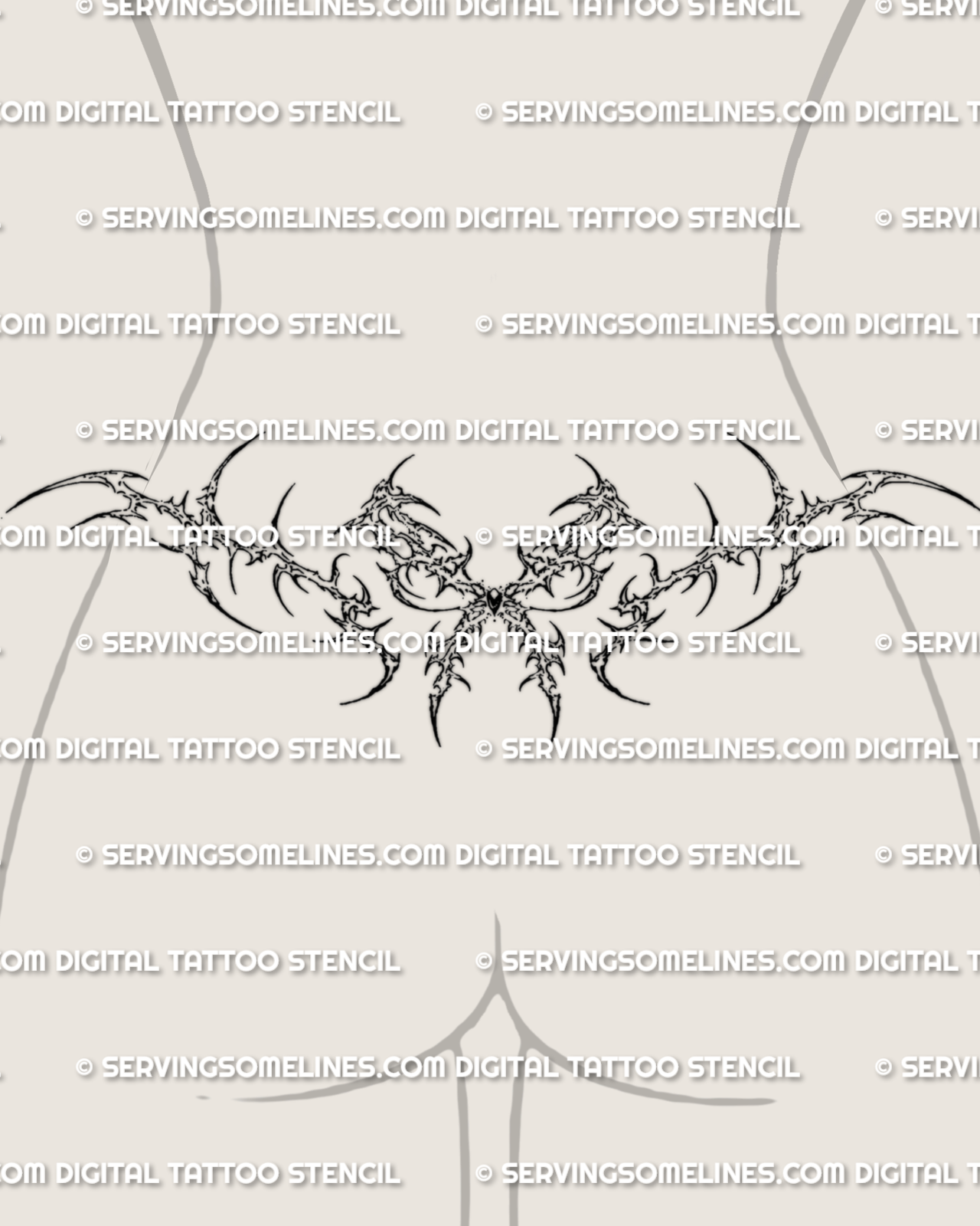 Cybersigilism bow lower back tattoo stencil shown on female waist mockup with ribbon center and pointed cyber frame