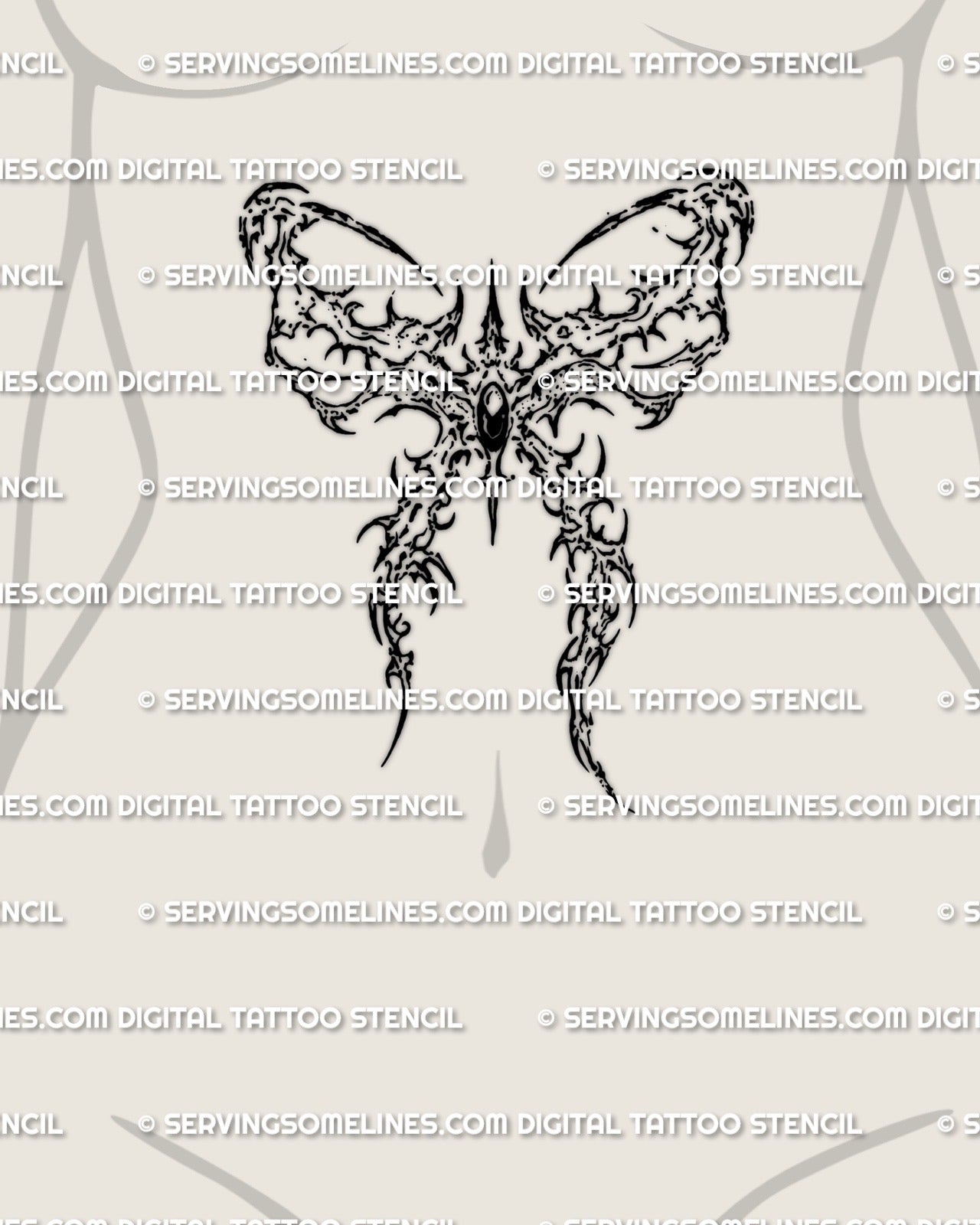 Cybersigilism bow stencil displayed on womens stomach center placement example, dark bow tattoo printable download.