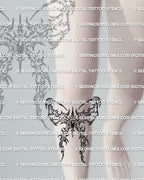 Cybersigilism bow tattoo stencil displayed on under knee placement example, dark symmetrical bow with printable files.