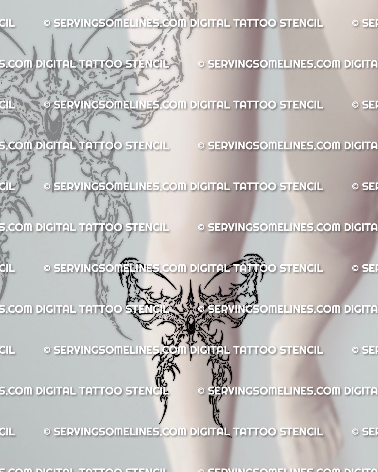 Cybersigilism bow tattoo stencil displayed on under knee placement example, dark symmetrical bow with printable files.