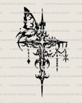 Cybersigilism butterfly cross tattoo stencil digital download showing a sharp cross form with butterfly detail and dark linework.