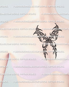 Cybersigilism butterfly stencil shown on womens chest center placement example, symmetrical wing tattoo with digital files.