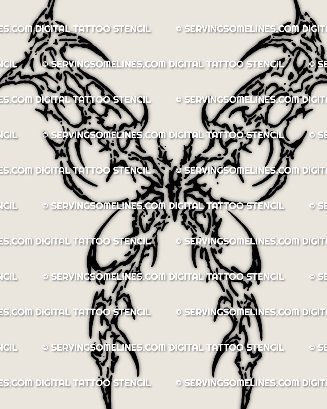 Cybersigilism butterfly tattoo stencil download, dark symmetrical butterfly design with printable PNG JPG PDF files for clean transfer.