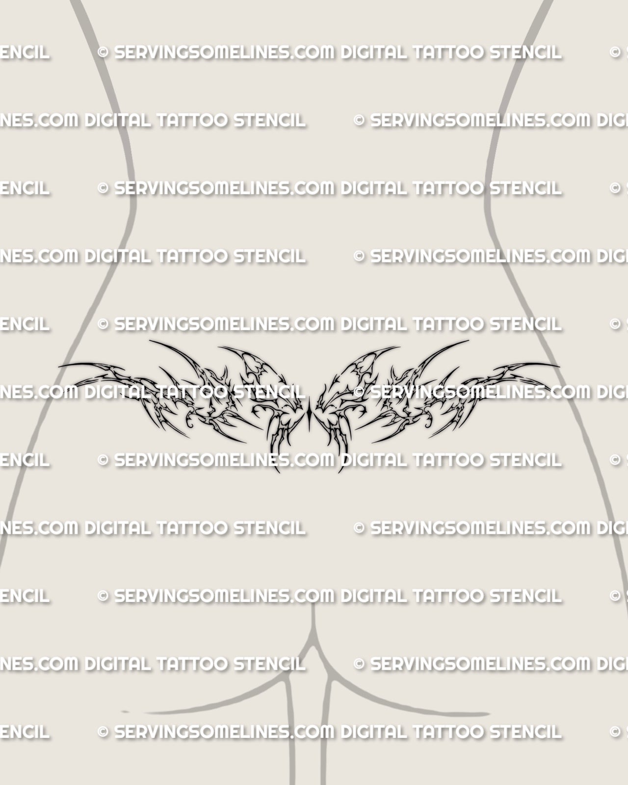 Cybersigilism butterfly tattoo shown as a tramp stamp placement, with hooked wing tips and a balanced lower waist fit.