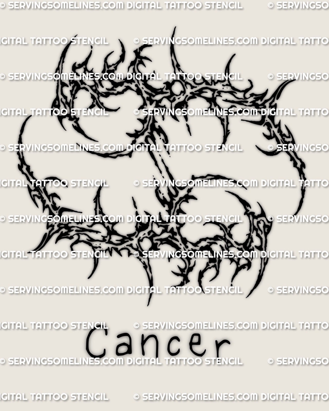 Cybersigilism Cancer tattoo stencil download, sharp zodiac glyph design, PNG JPG PDF files