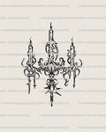 Hand-drawn lineart chandelier candle tattoo stencil with gothic neotribal ornament, a unique sternum and chest tattoo design download.