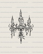 Hand-drawn cybersigilism chandelier candle tattoo stencil with gothic neotribal ornament, a unique sternum and chest tattoo design download.