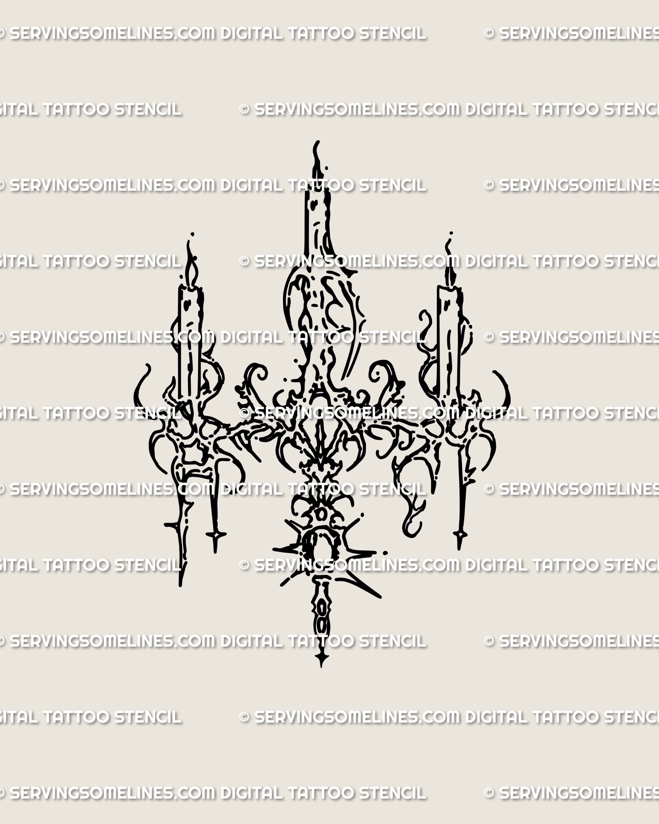 Hand-drawn cybersigilism chandelier candle tattoo stencil with gothic neotribal ornament, a unique sternum and chest tattoo design download.
