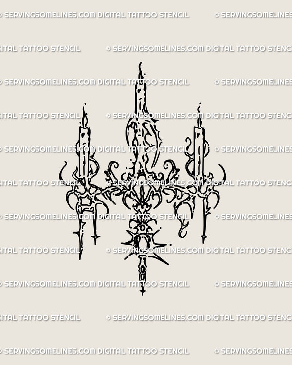 Hand-drawn cybersigilism chandelier candle tattoo stencil with gothic neotribal ornament, a unique sternum and chest tattoo design download.