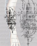 Cybersigilism castle forearm tattoo stencil shown on arm with stacked spires, pointed arches, and fractured black details