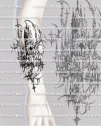 Cybersigilism castle forearm tattoo stencil shown on arm with stacked spires, pointed arches, and fractured black details