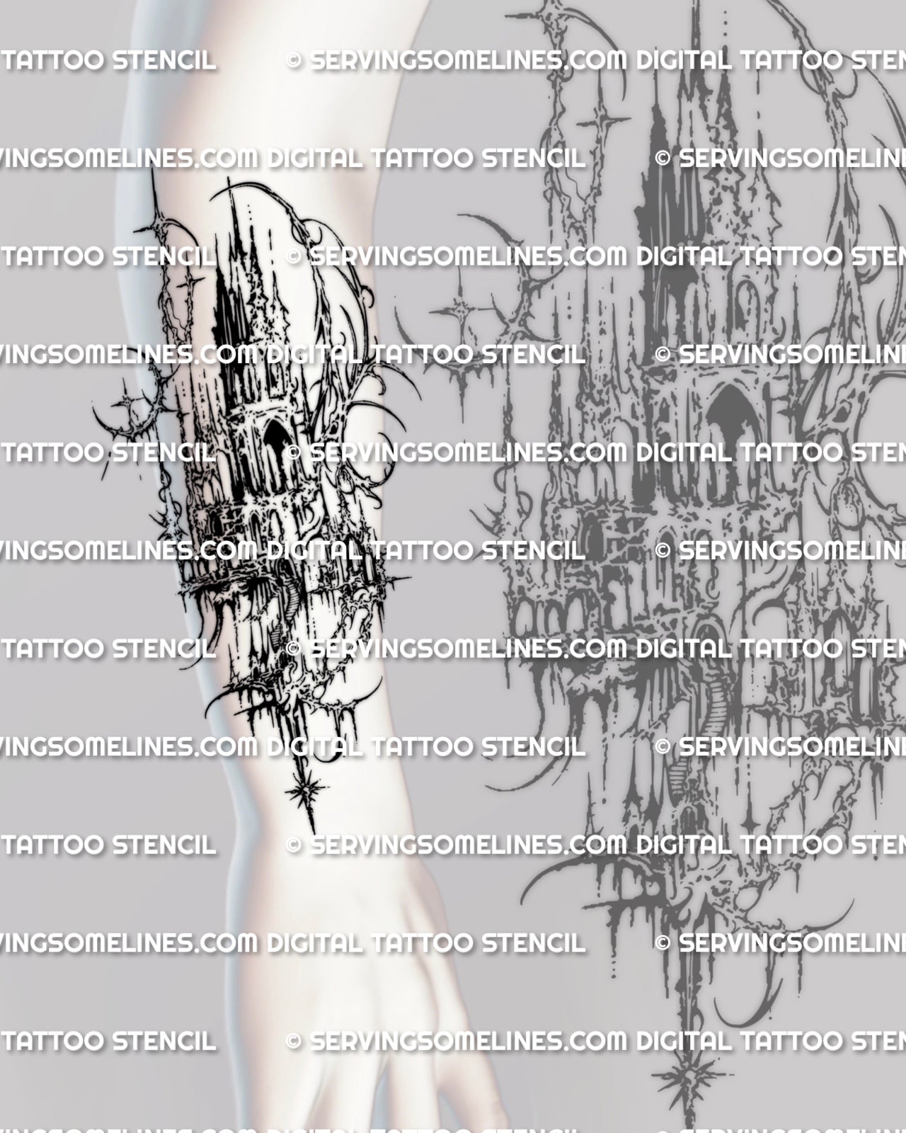 Cybersigilism castle forearm tattoo stencil shown on arm with stacked spires, pointed arches, and fractured black details