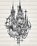 Cybersigilism cathedral tattoo stencil design with gothic spires, cross accents, dark linework, and cyber-sigil frame.