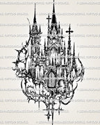 Cybersigilism cathedral tattoo stencil design with gothic spires, cross accents, dark linework, and cyber-sigil frame.