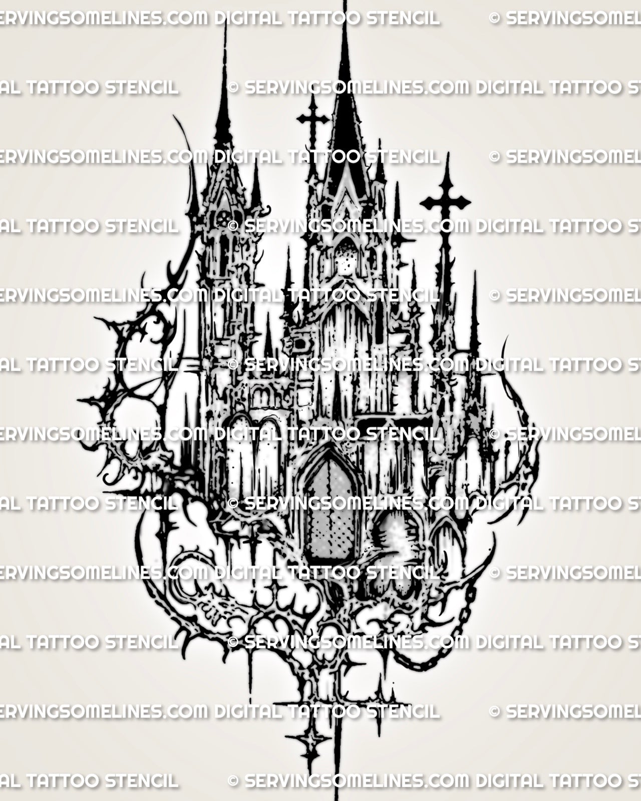 Cybersigilism cathedral tattoo stencil design with gothic spires, cross accents, dark linework, and cyber-sigil frame.