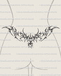Cybersigilism chain lower back tattoo shown on female lower back placement with spiky chain framing and a centered pendant drop