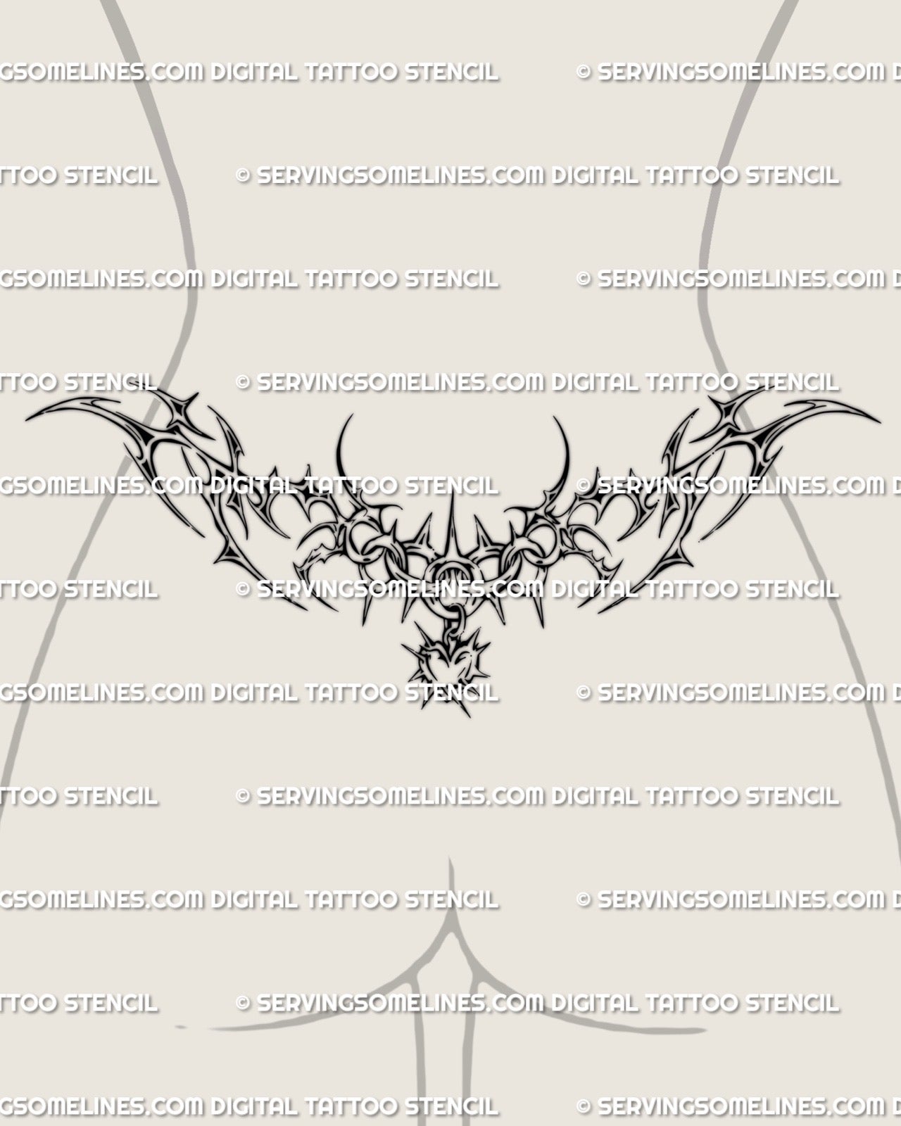 Cybersigilism chain lower back tattoo shown on female lower back placement with spiky chain framing and a centered pendant drop