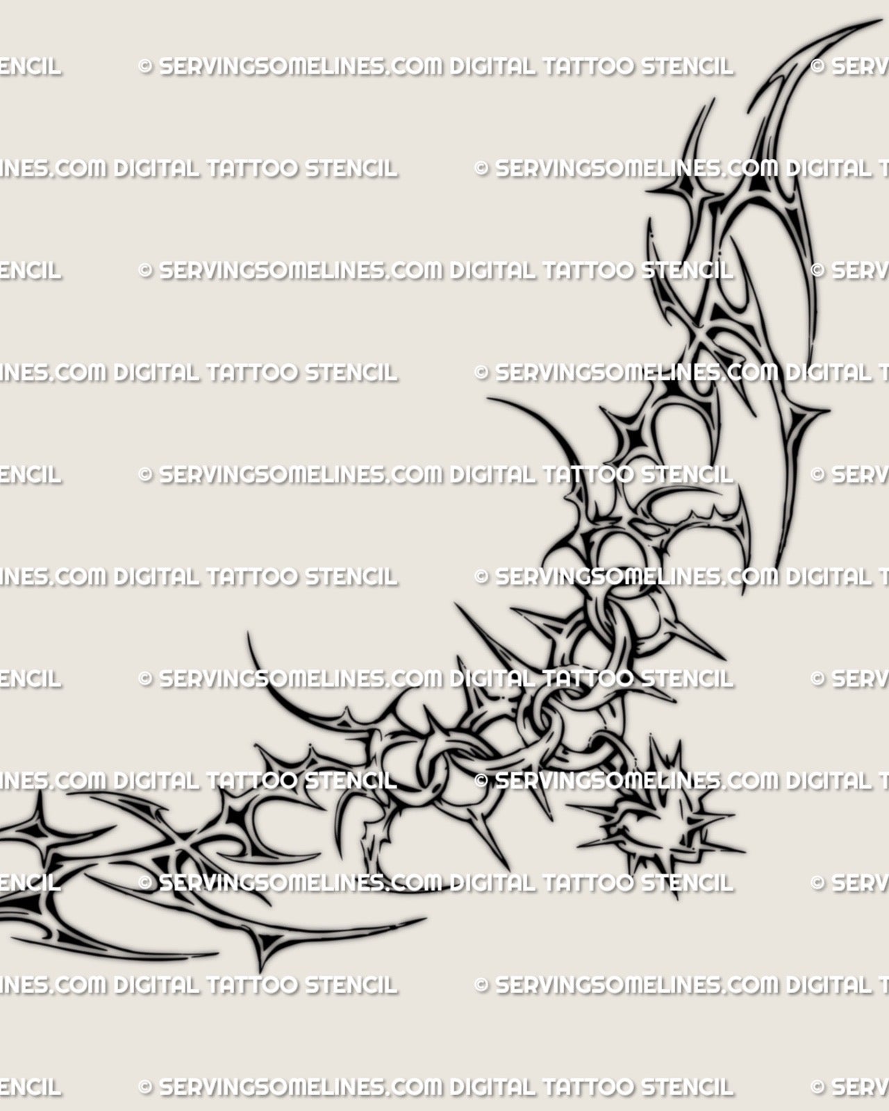 Cybersigilism chain lower back tattoo stencil design with sharp chain structure and a hanging heart pendant detail